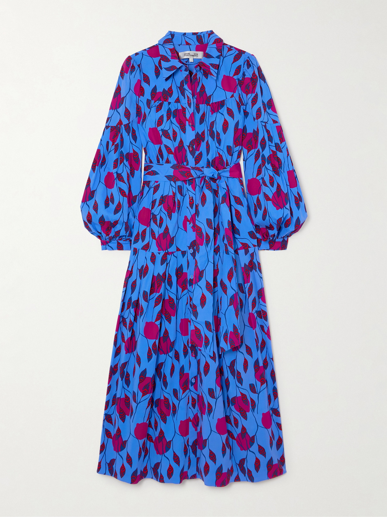 Diane Von Furstenberg Lux Belted Floral-print Cotton-blend Midi Shirt Dress In Blue