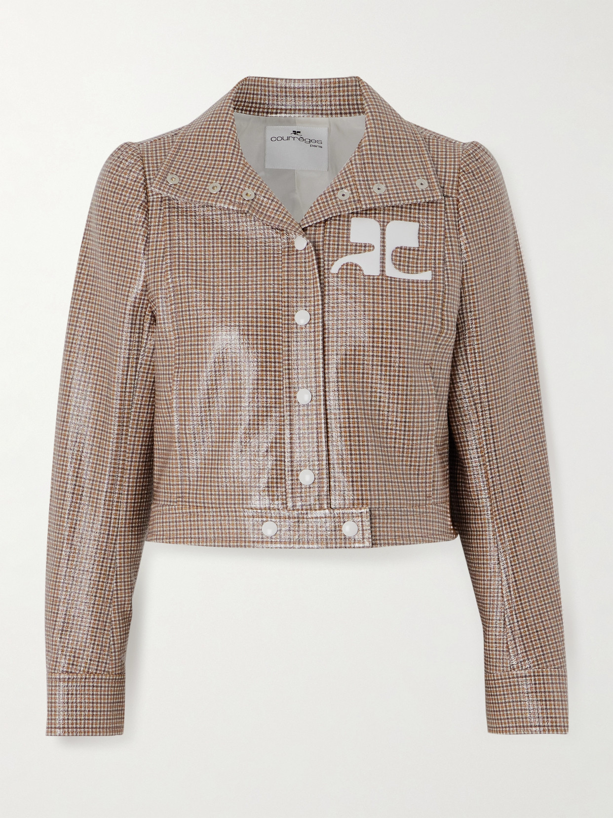 Courrèges Reedition Cropped Appliquéd Checked Coated Cotton-blend Jacket In Brown