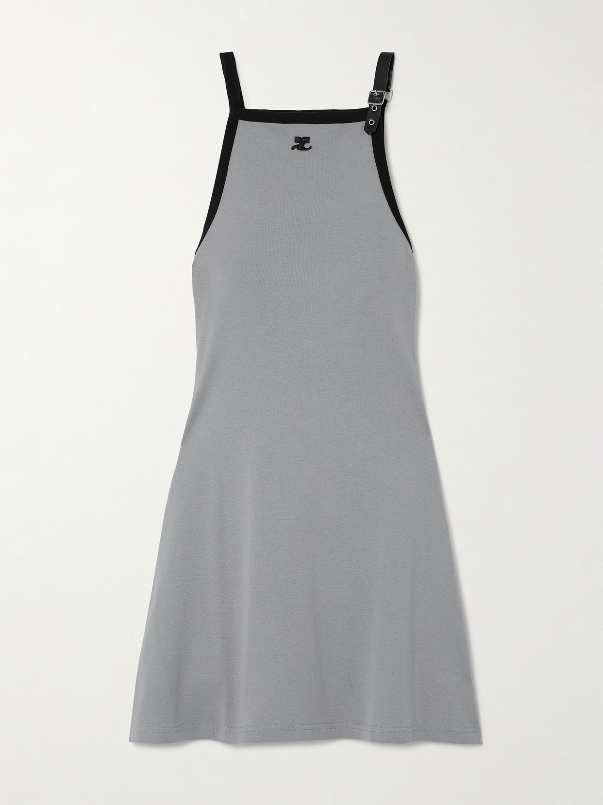 COURREGES - Buckled Faux Leather-trimmed Cotton-jersey Mini Dress - Gray