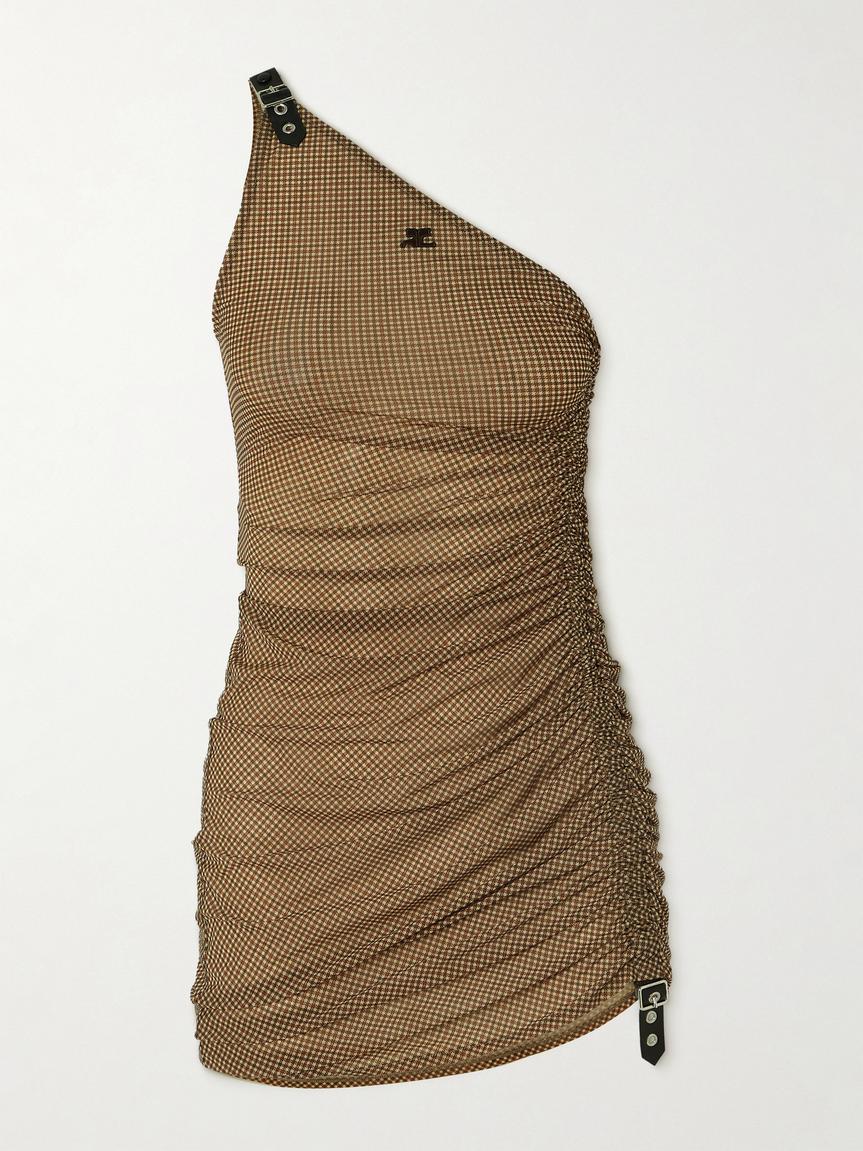 COURREGES - Buckled Ruched Checked Chiffon Mini Dress - Brown