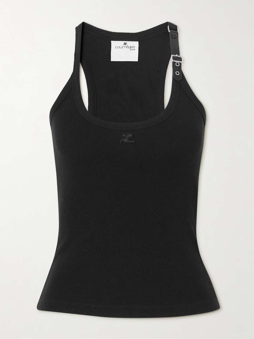 Courrèges Buckle-embellished Faux Leather-trimmed Ribbed Cotton-blend Tank - xx large