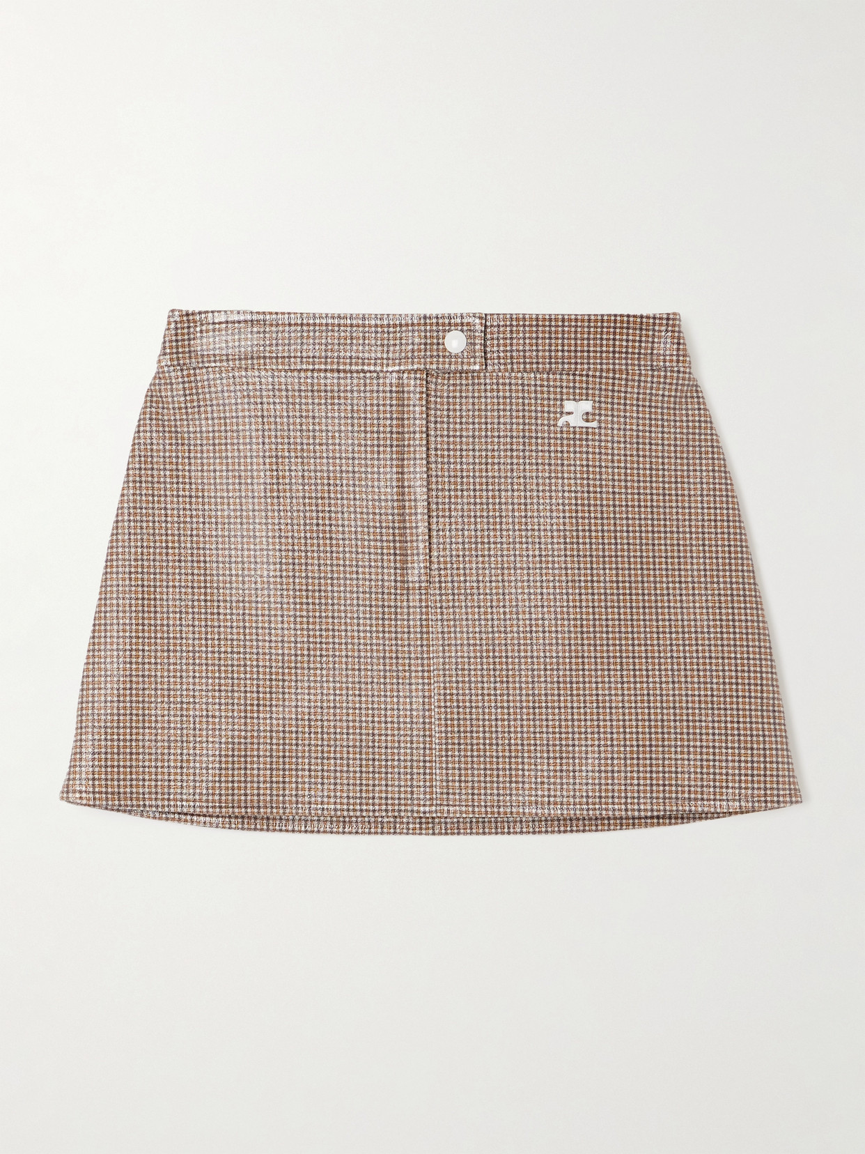 Courrèges Reedition Appliquéd Checked Coated Cotton-blend Mini Skirt In Brown