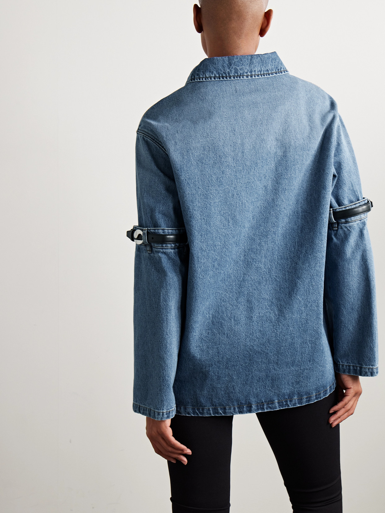 Shop Coperni Oversized Leather-trimmed Paneled Denim Jacket In Blue