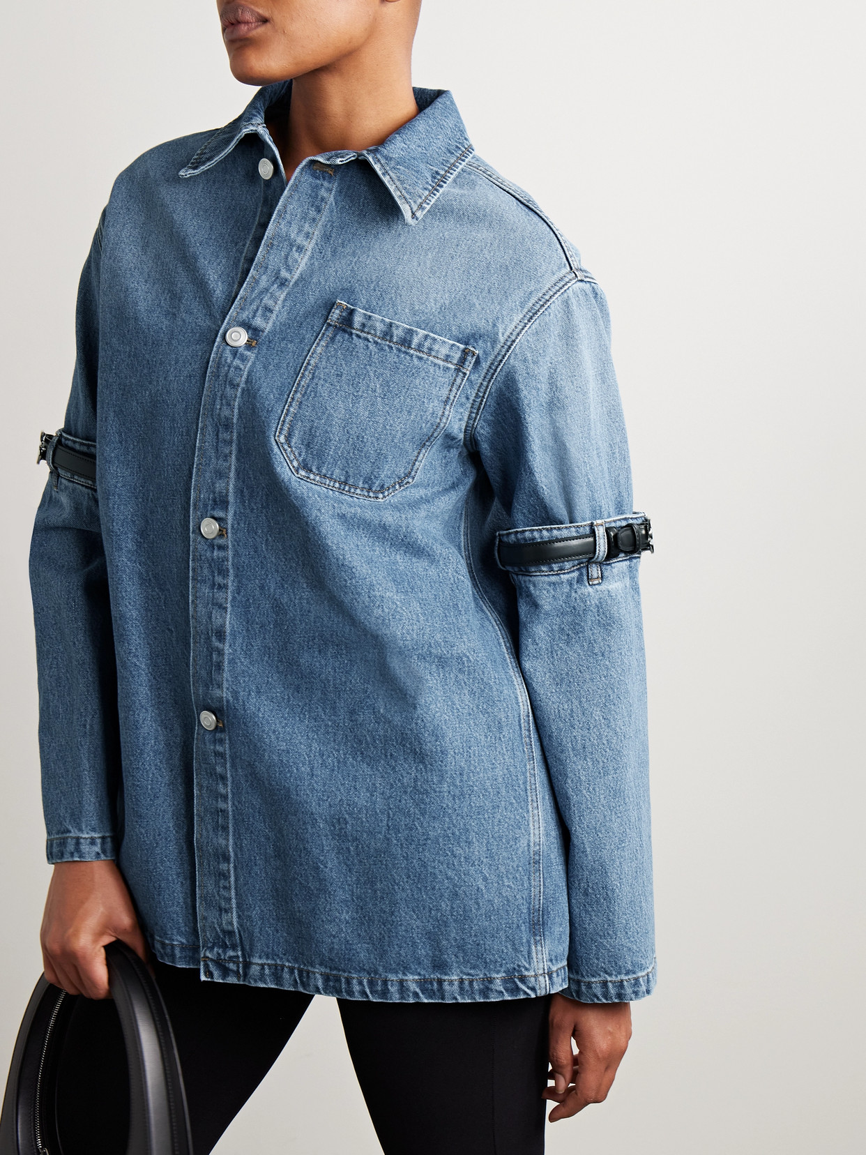 Shop Coperni Oversized Leather-trimmed Paneled Denim Jacket In Blue