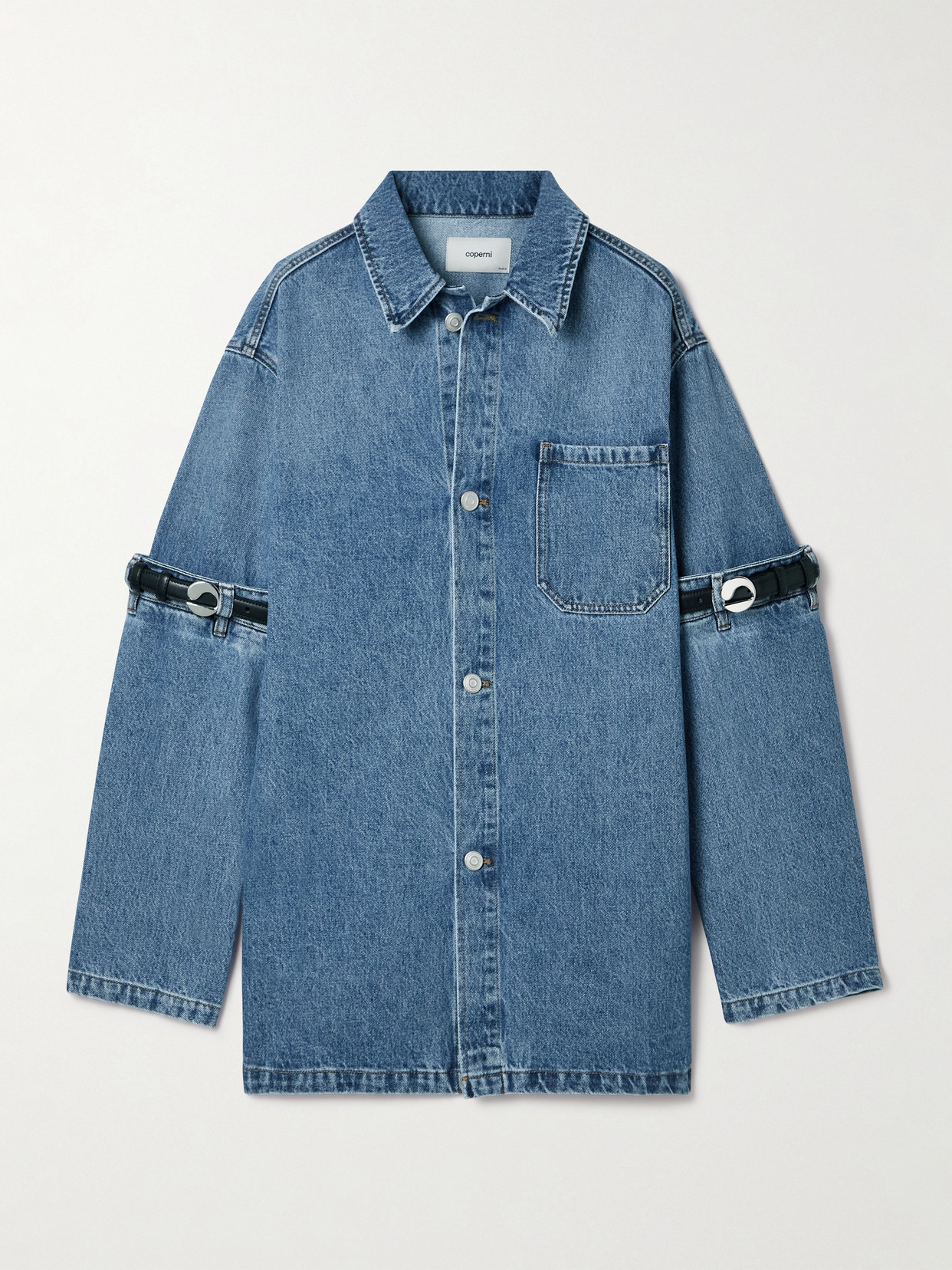 Shop Coperni Oversized Leather-trimmed Paneled Denim Jacket In Blue