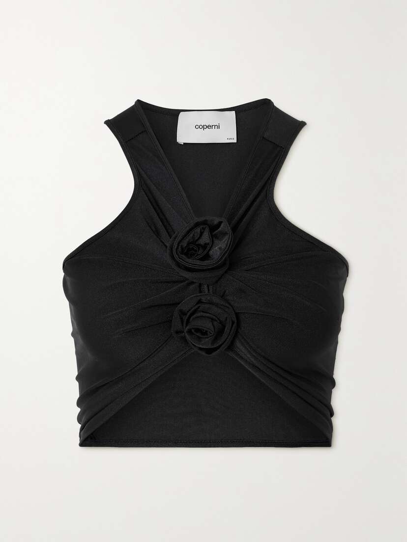 Coperni Cropped Appliquéd Gathered Satin-jersey Top