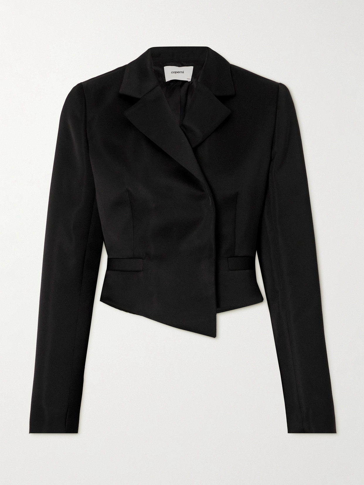 Coperni Double-breasted Cropped Asymmetric Satin-crepe Blazer In Black