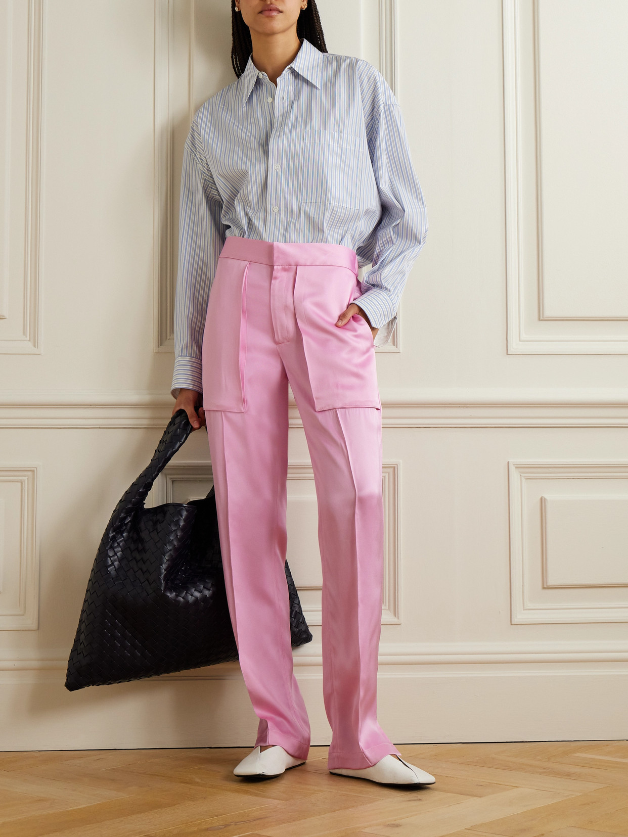 Sasuphi Adriana Satin-trimmed Silk-blend Straight-leg Pants In Pink