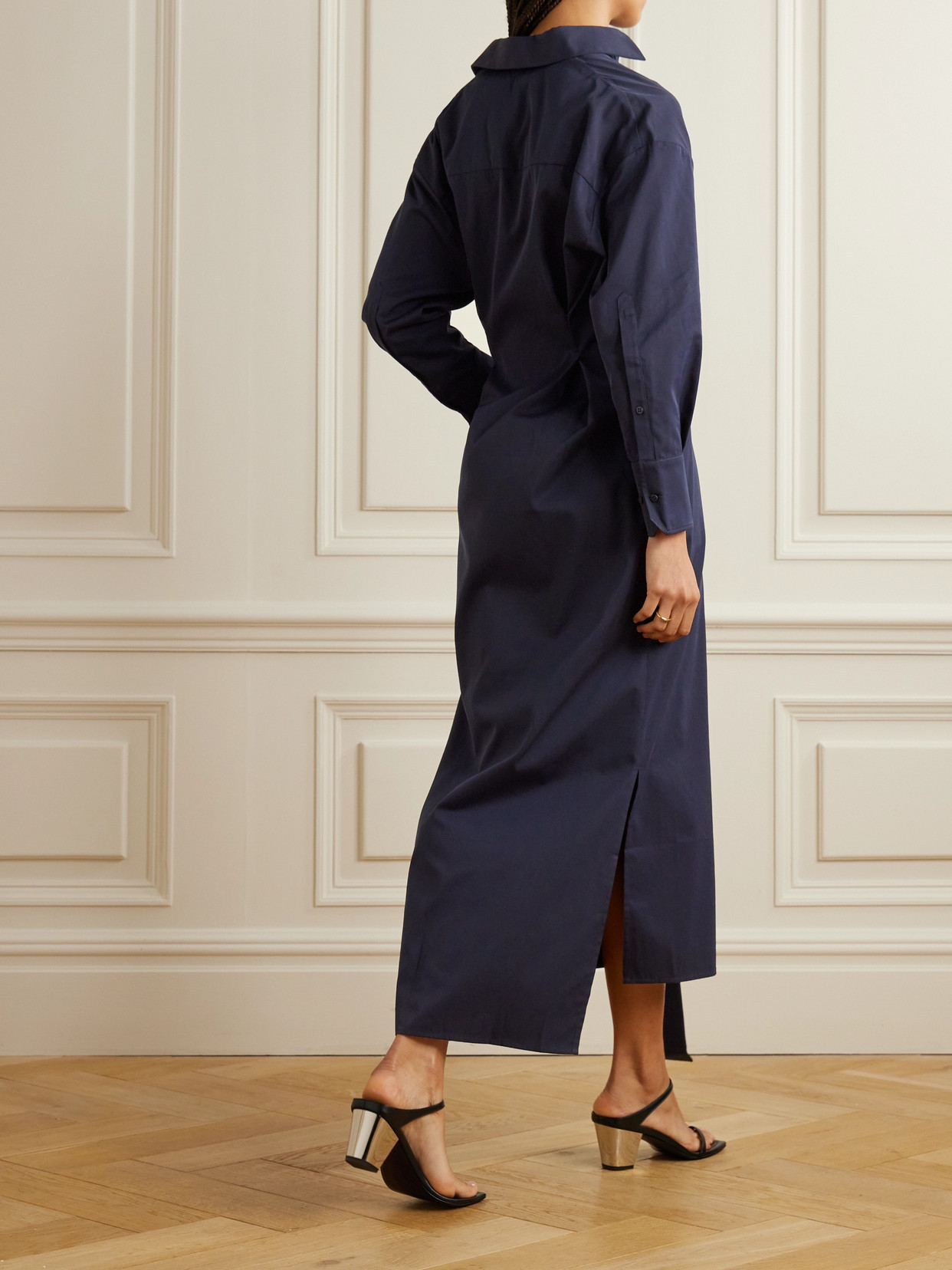 Shop Sasuphi Francesca Belted Cotton And Silk-blend Maxi Shirt Dress In Blue