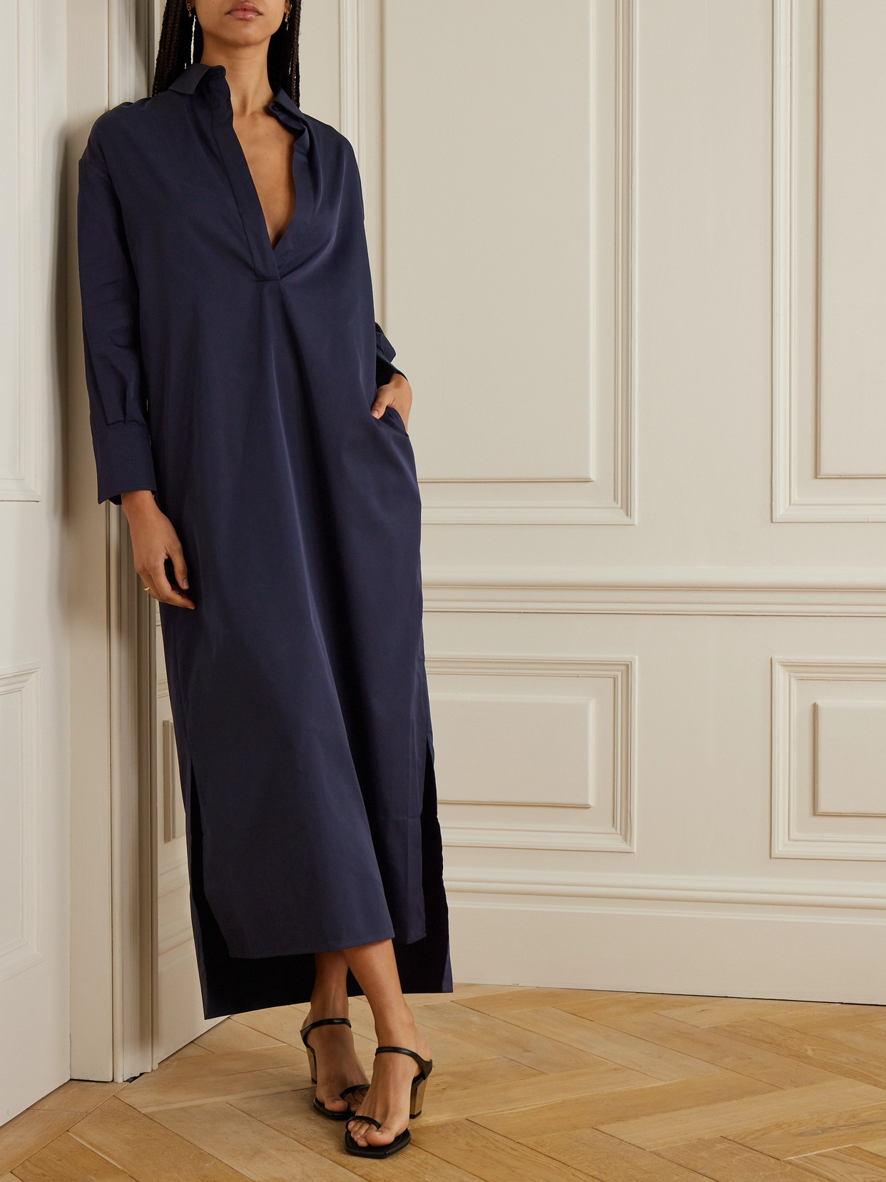 Sasuphi Francesca Belted Cotton And Silk-blend Maxi Shirt Dress In Blue