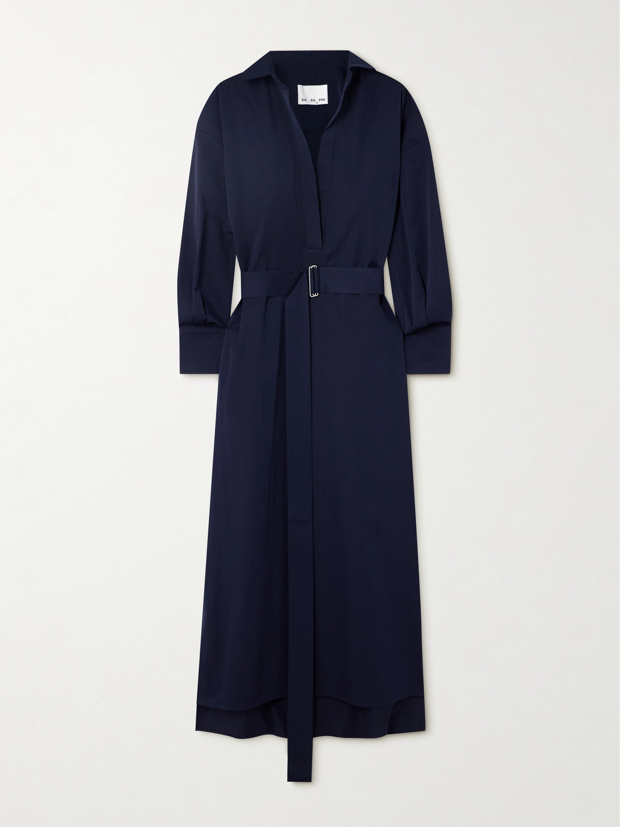 Sasuphi Francesca Belted Cotton And Silk-blend Maxi Shirt Dress In Blue