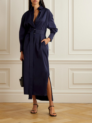 Sasuphi Francesca belted cotton and silk-blend maxi shirt dress