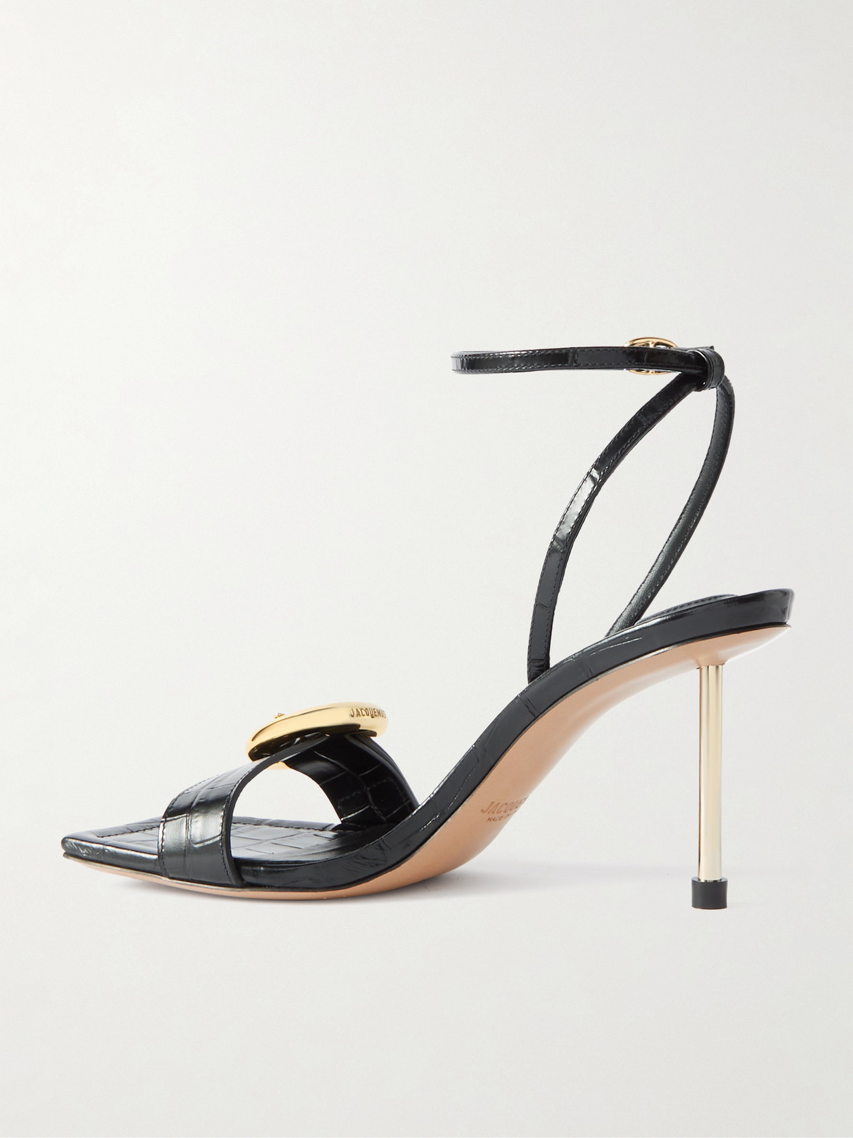 Shop Jacquemus Regalo Embellished Croc-effect Glossed-leather Sandals In Black