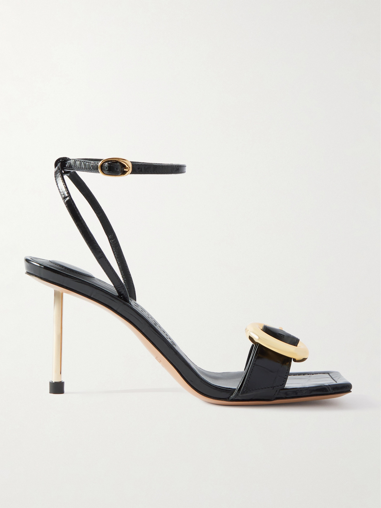 Shop Jacquemus Regalo Embellished Croc-effect Glossed-leather Sandals In Black