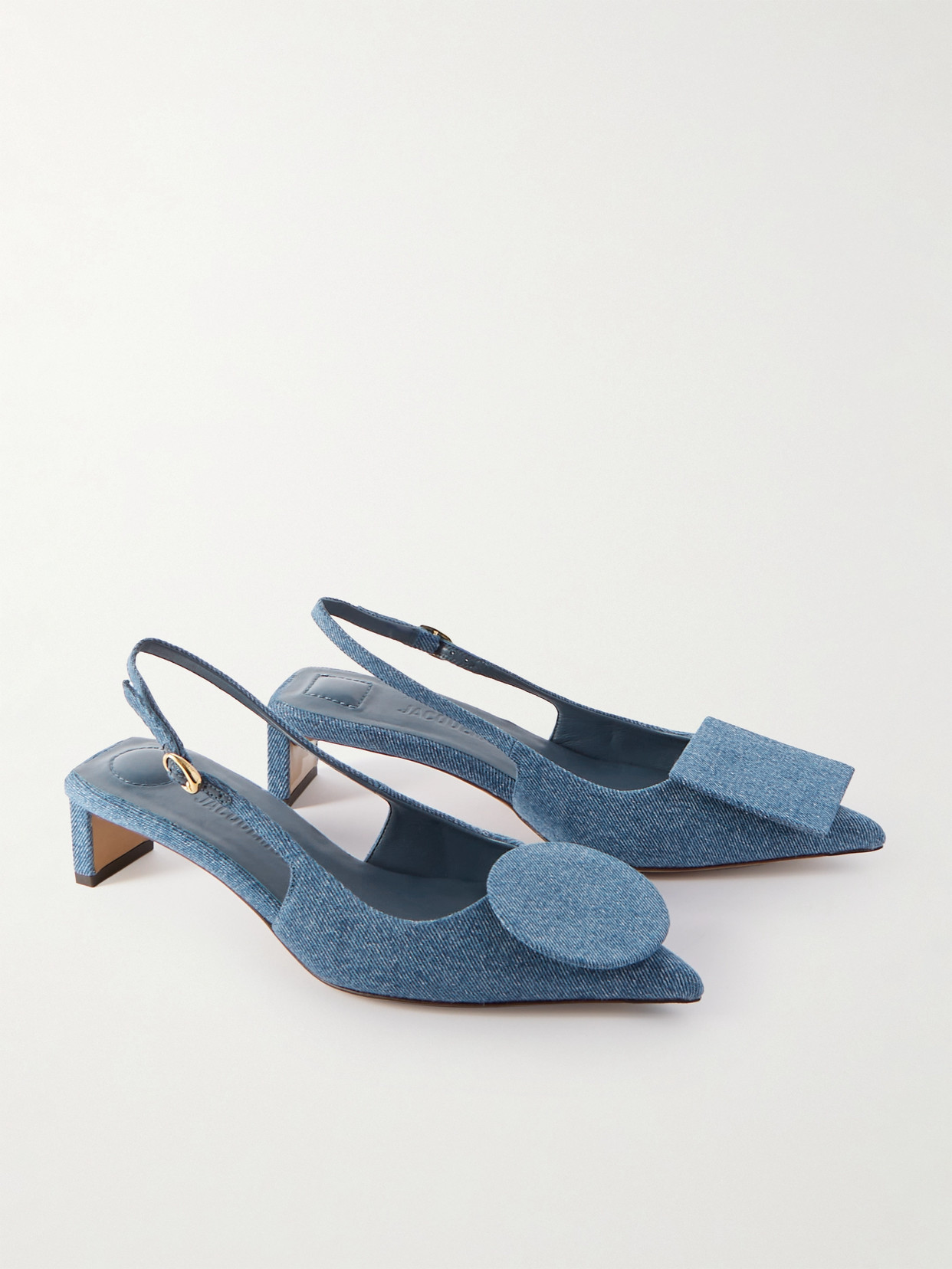 Shop Jacquemus Duelo Embellished Denim Point-toe Slingback Pumps In Blue