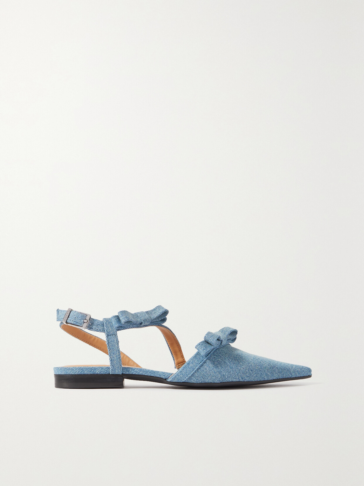 Shop Ganni + Net Sustain Bow-embellished Recycled-denim Point-toe Flats In Blue