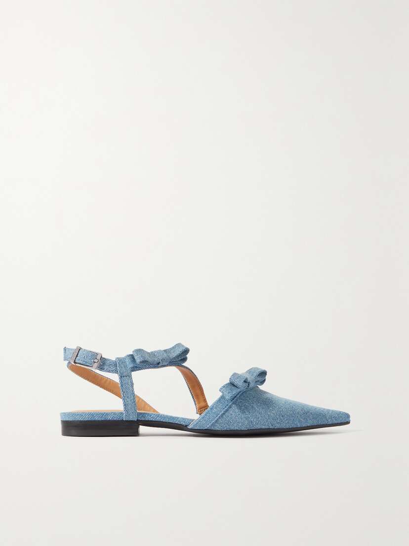 Ganni + Net Sustain Bow-embellished Recycled-denim Point-toe Flats