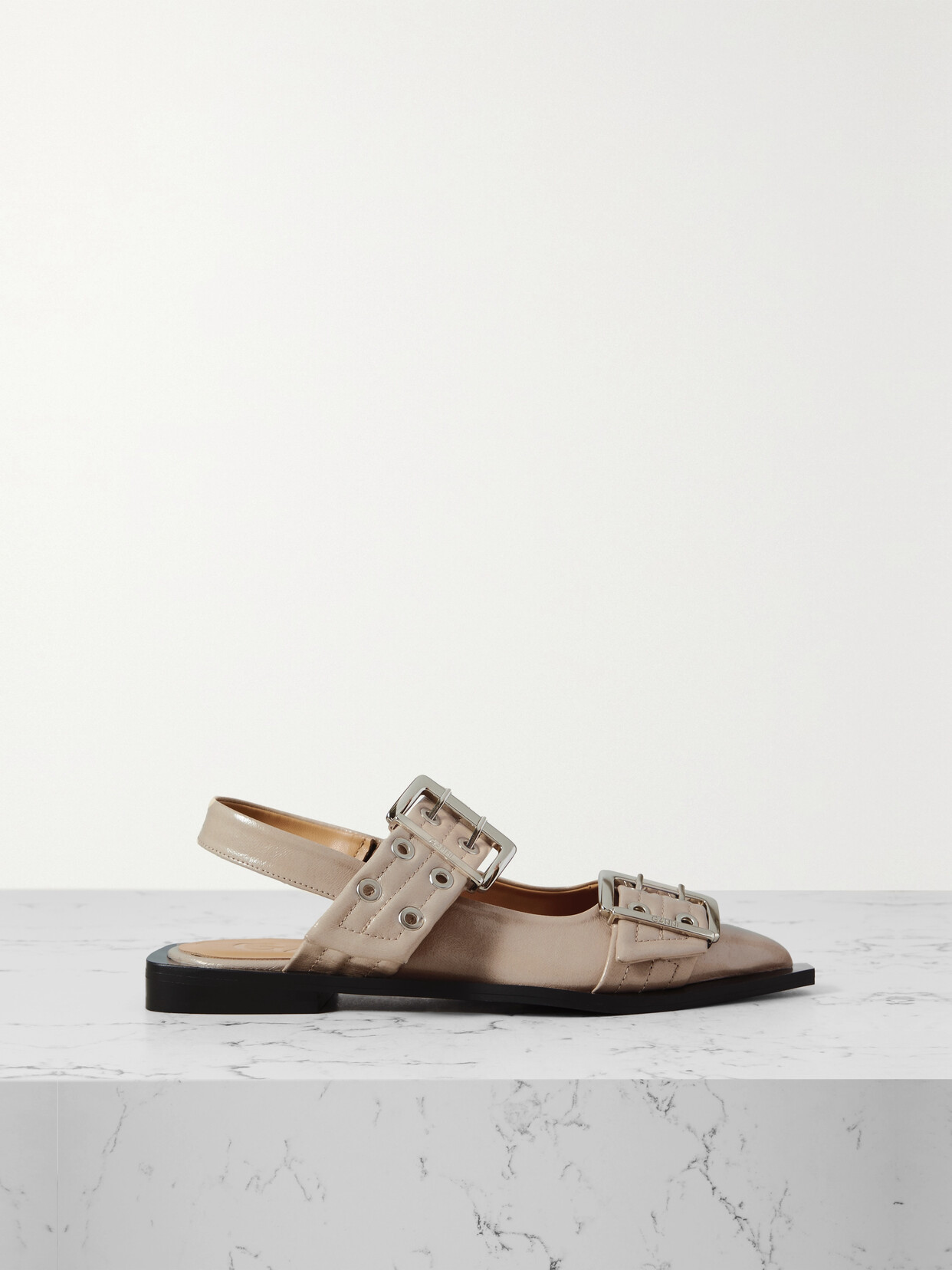 GANNI - Buckled Eyelet-embellished Recycled Faux Patent-leather Ballet Flats - Brown