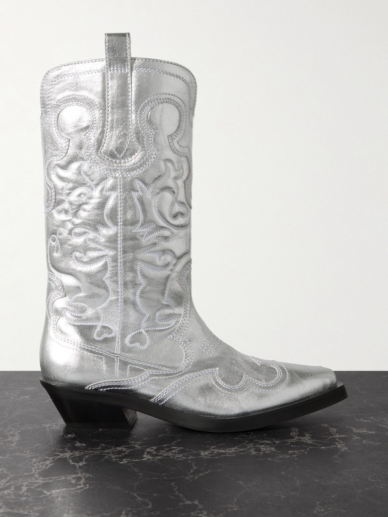 Ganni Embroidered Metallic Leather Cowboy Boots In Silver