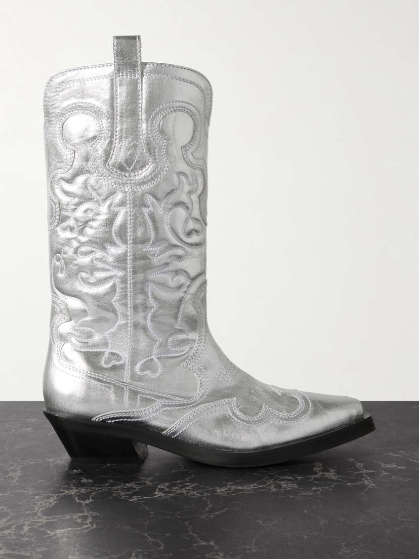 Ganni Embroidered Metallic Recycled Leather Cowboy Boots