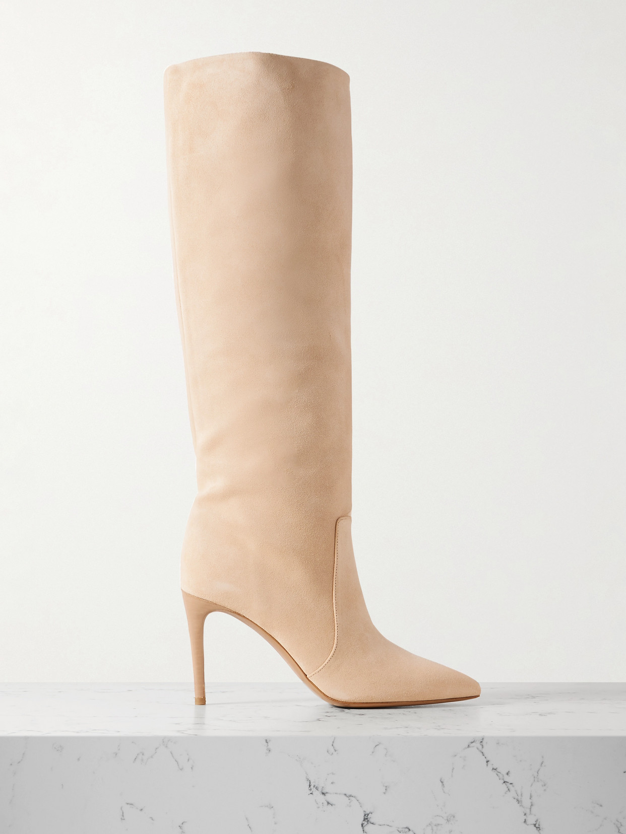 Paris Texas Stiletto Suede Knee Boots In Neutrals