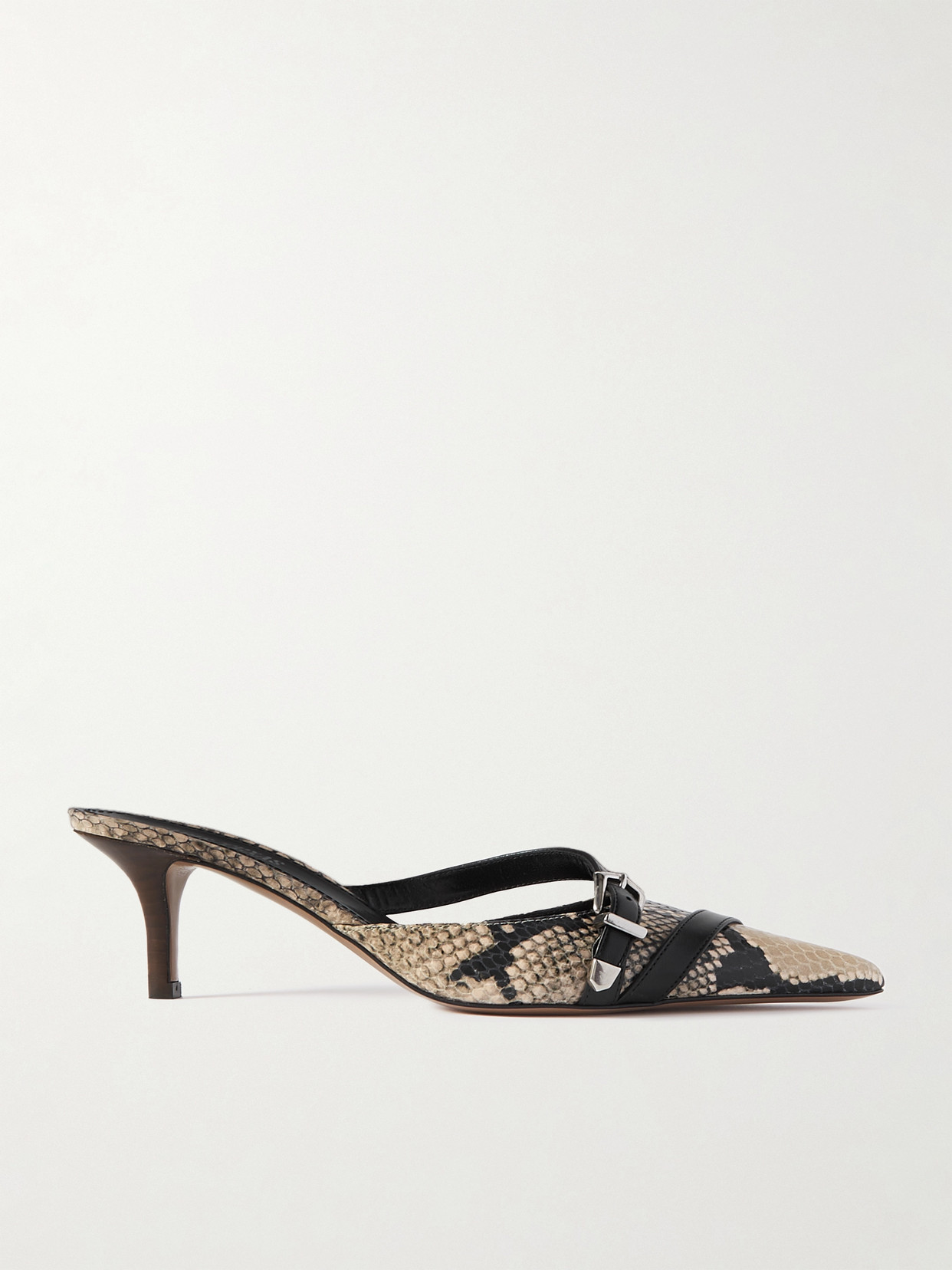 Paris Texas Ashley Buckled Snake-effect Leather Mules In Animal Print