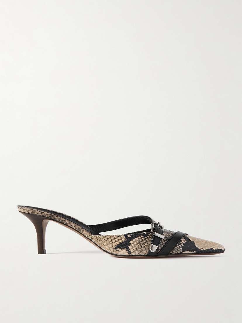 Paris Texas Ashley Buckled Snake-effect Leather Mules