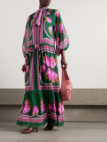 La DoubleJ Athena belted pleated printed silk-chiffon maxi dress