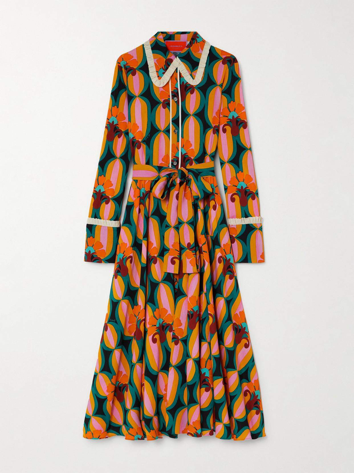 La Doublej Belted Printed Crepe Maxi Shirt Dress In Orange