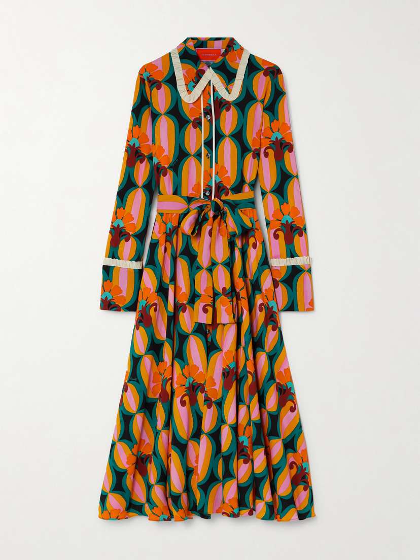 La DoubleJ Belted Printed Crepe Maxi Shirt Dress