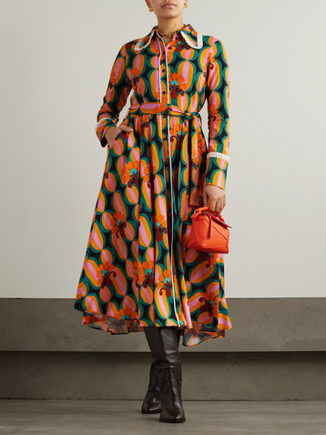 La DoubleJ Belted printed crepe maxi shirt dress