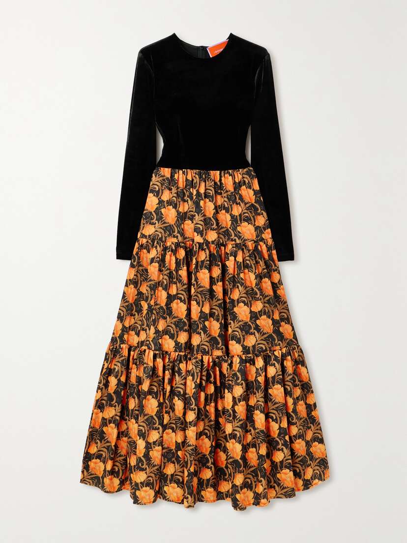 La DoubleJ Big Velvet And Floral-print Twill Maxi Dress