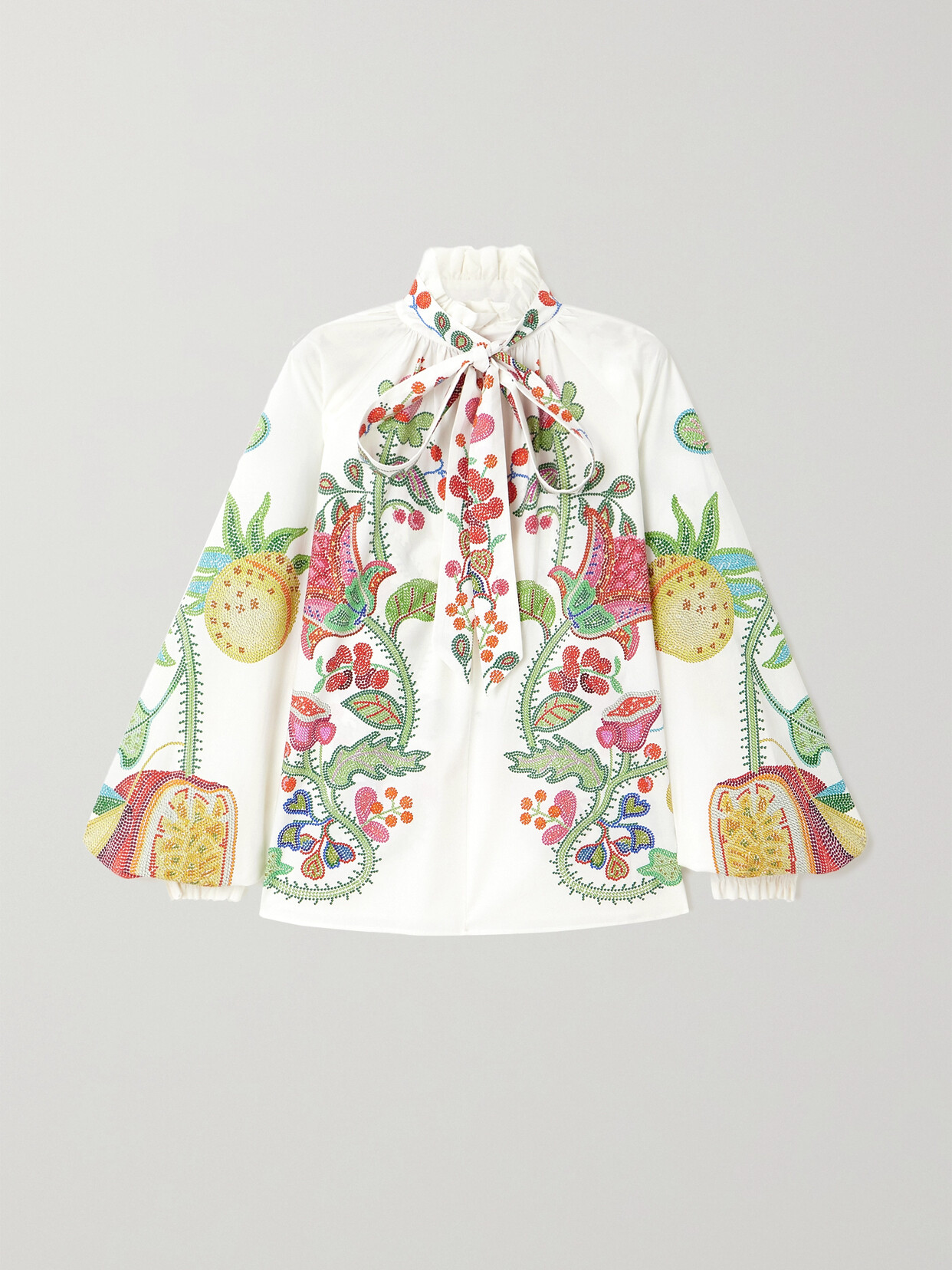 La Doublej Cerere Pussy-bow Ruffled Floral-print Cotton Poplin Blouse In White