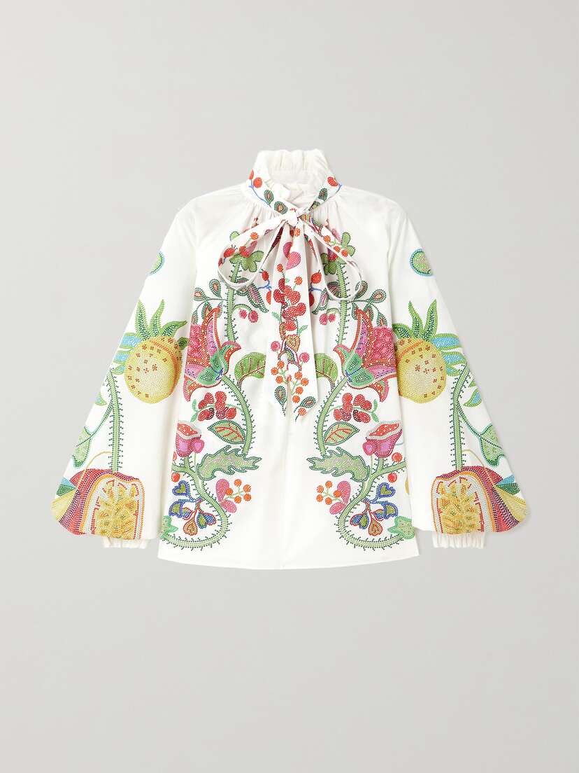 La DoubleJ Cerere Pussy-bow Ruffled Floral-print Cotton Poplin Blouse
