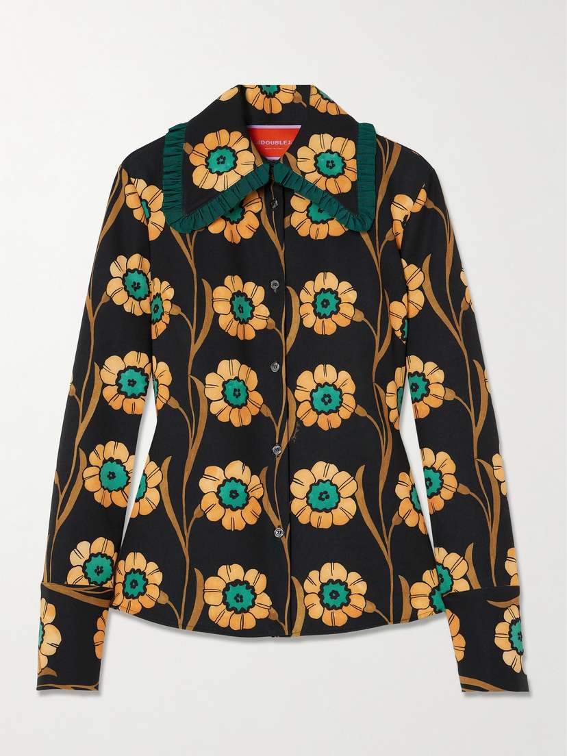 La DoubleJ La Comasca Floral-print Ruffle-trimmed Crepe Shirt