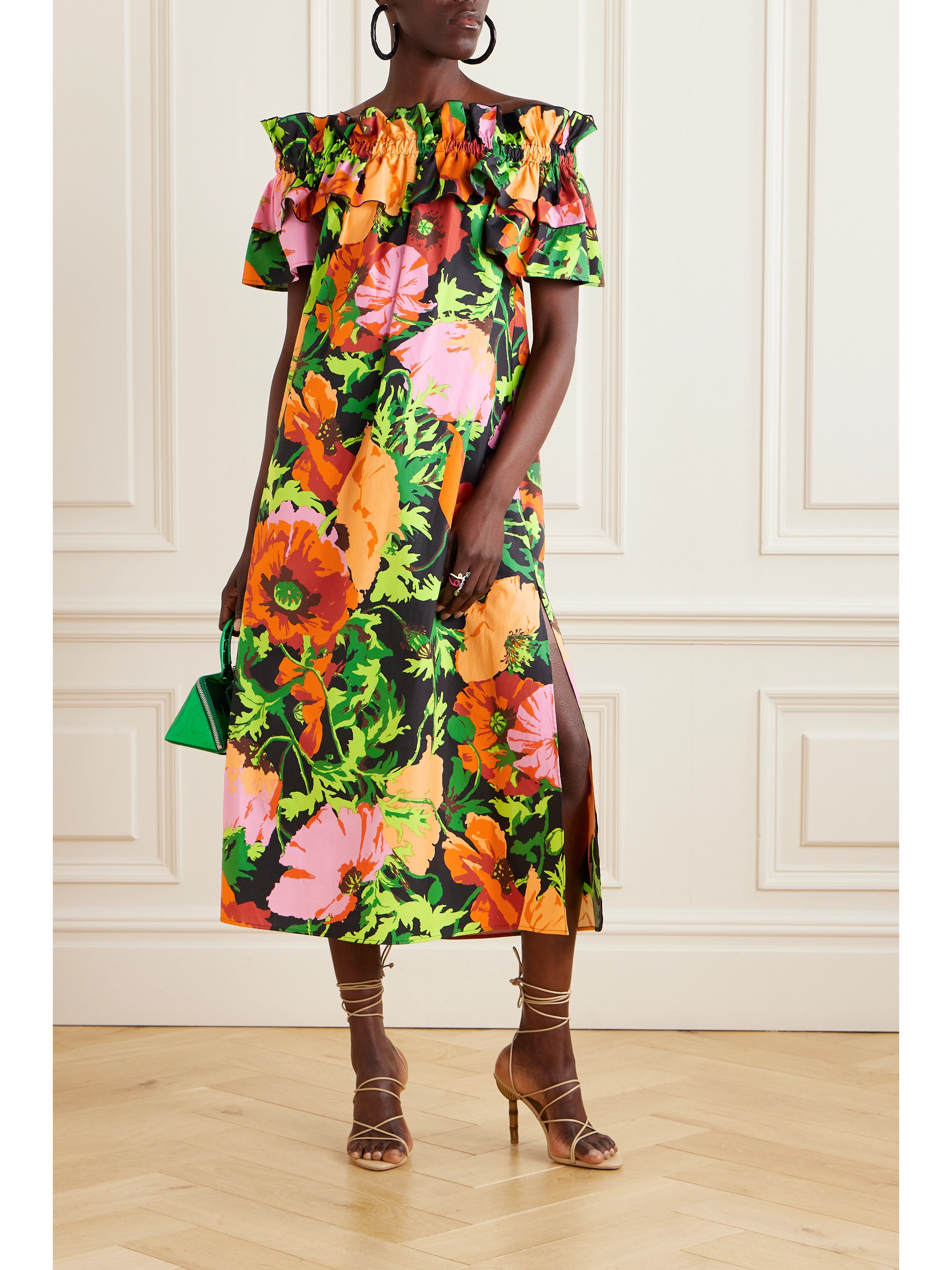 La DoubleJ Breakfast off-the-shoulder floral-print cotton-poplin midi dress