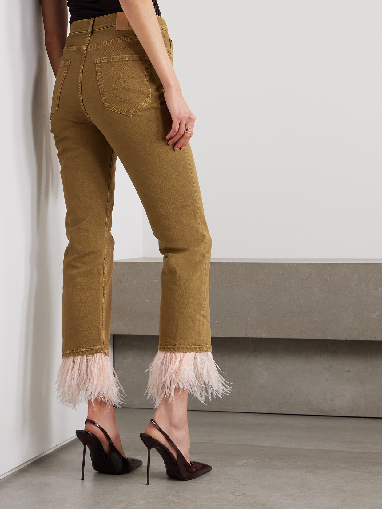La Doublej Fancy Feather-trimmed Cropped High-rise Slim-leg Jeans In Green