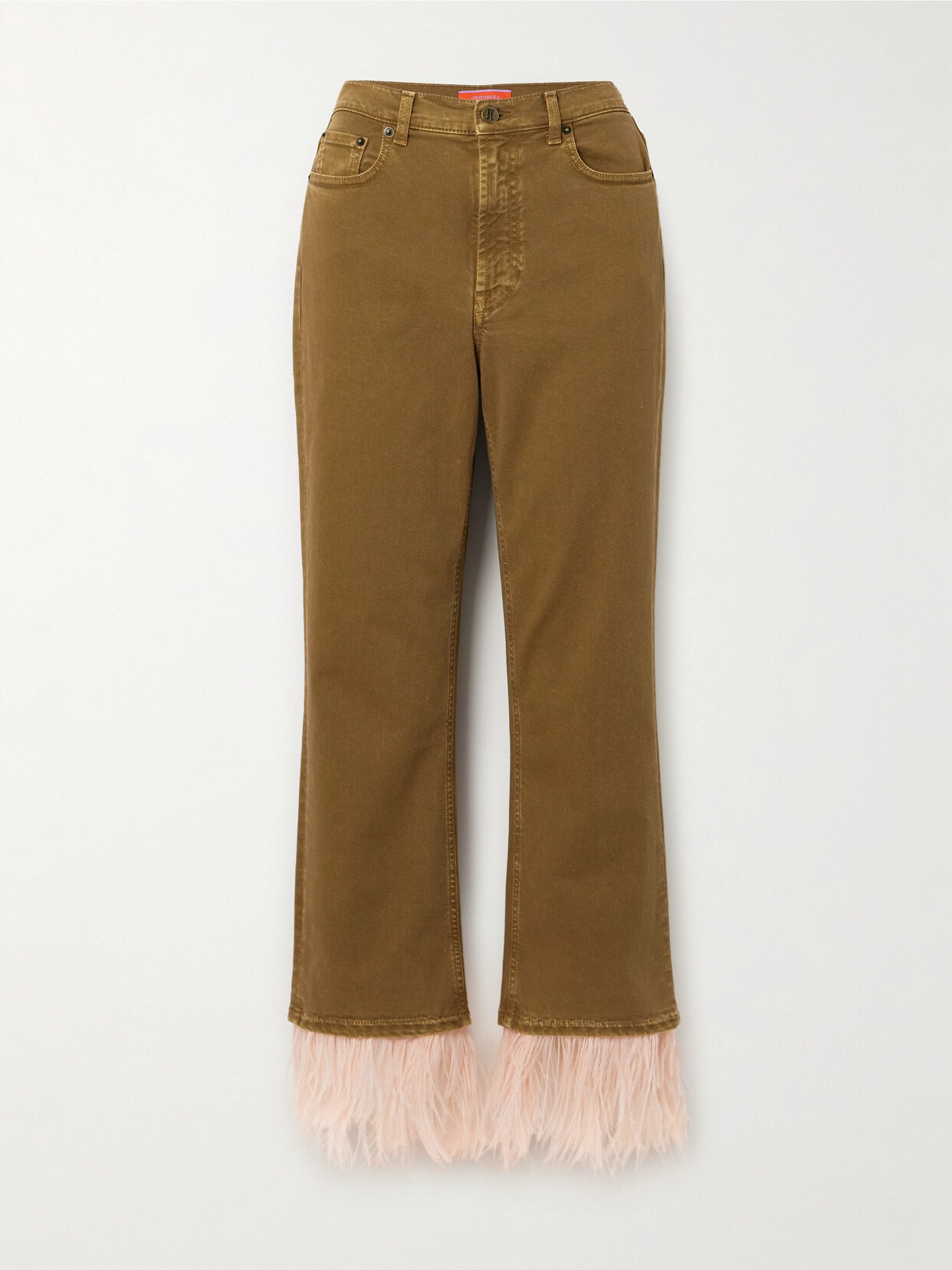 La Doublej Fancy Feather-trimmed Cropped High-rise Slim-leg Jeans In Green