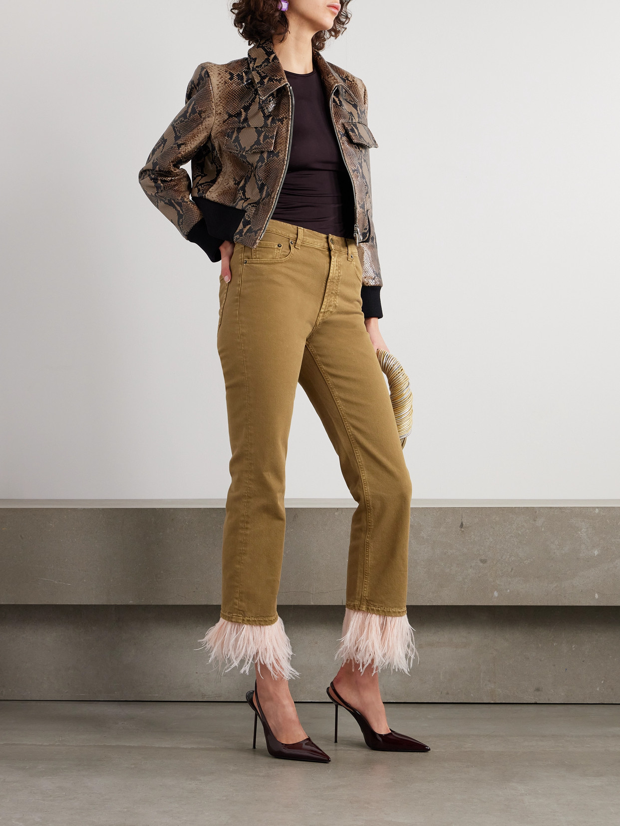 La Doublej Fancy Feather-trimmed Cropped High-rise Slim-leg Jeans In Green