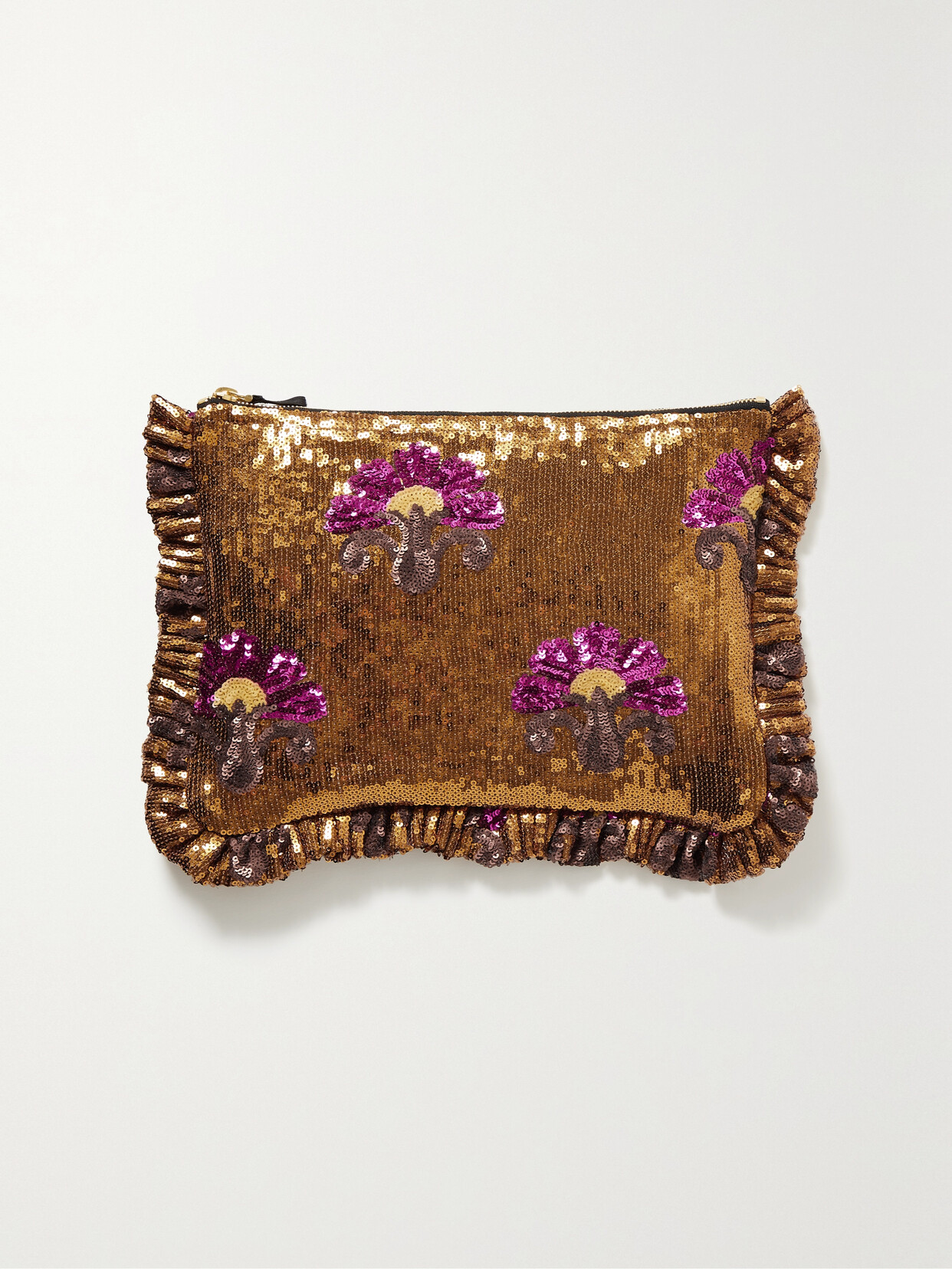 La Doublej Sequin-embellished Zipped Clutch Bag In Brown