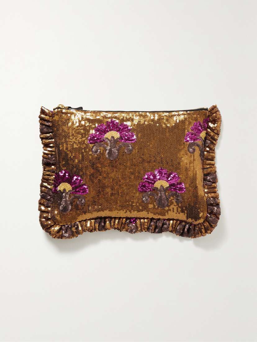 La DoubleJ Ruffled Sequined Tulle Clutch