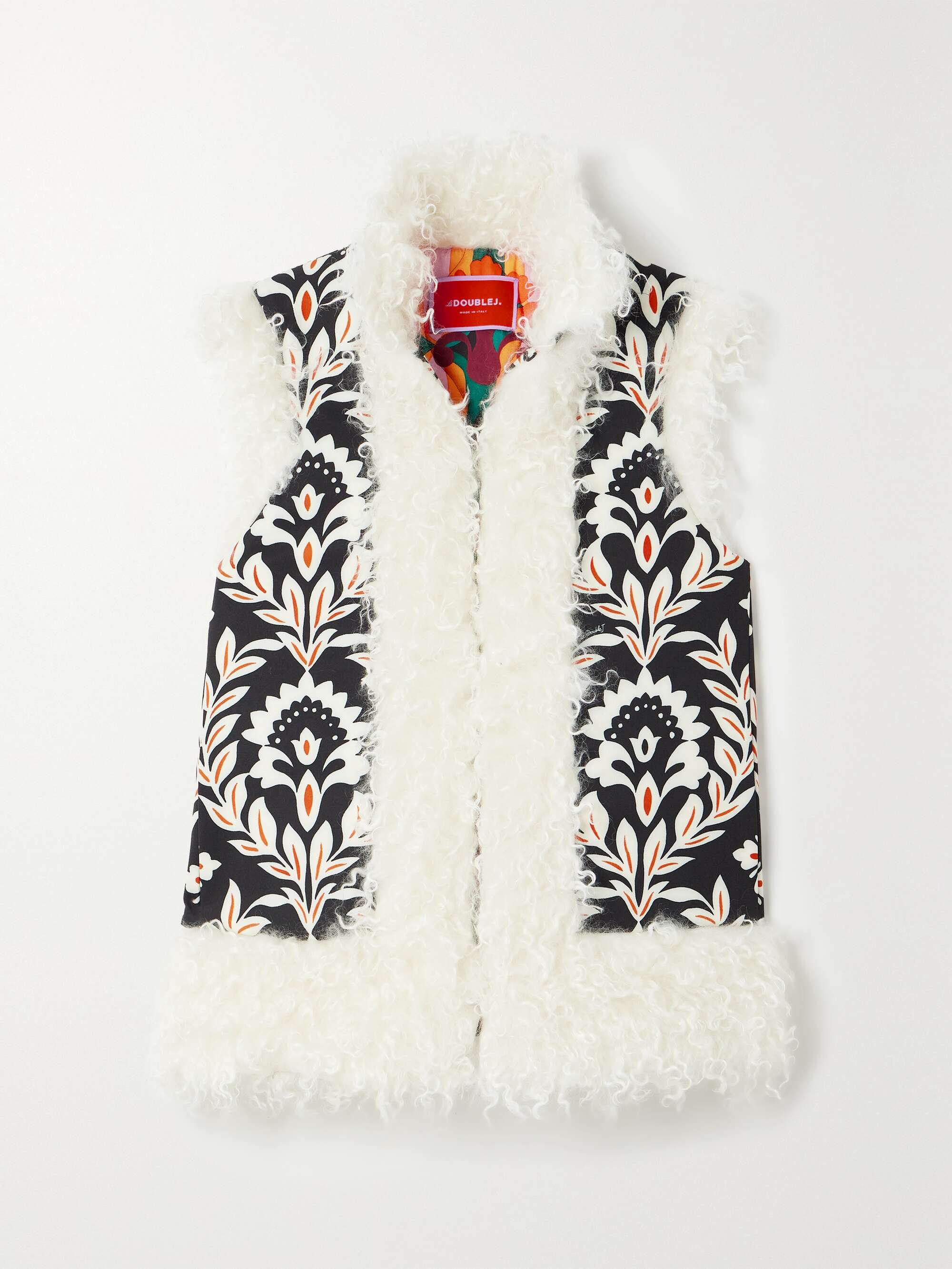 Black Folk faux shearling-trimmed padded floral-print crepe