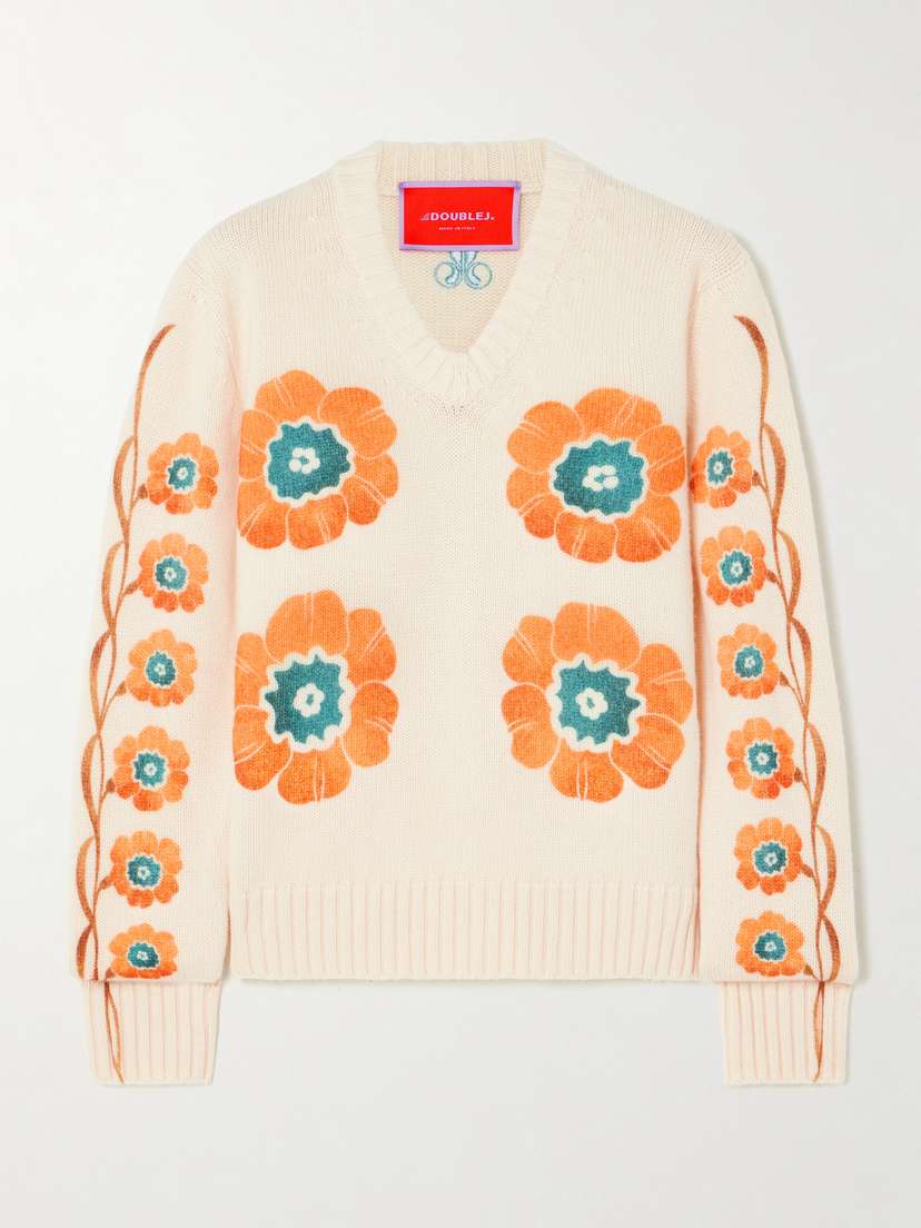 La DoubleJ Daisychain Printed Wool And Cashmere-blend Sweater