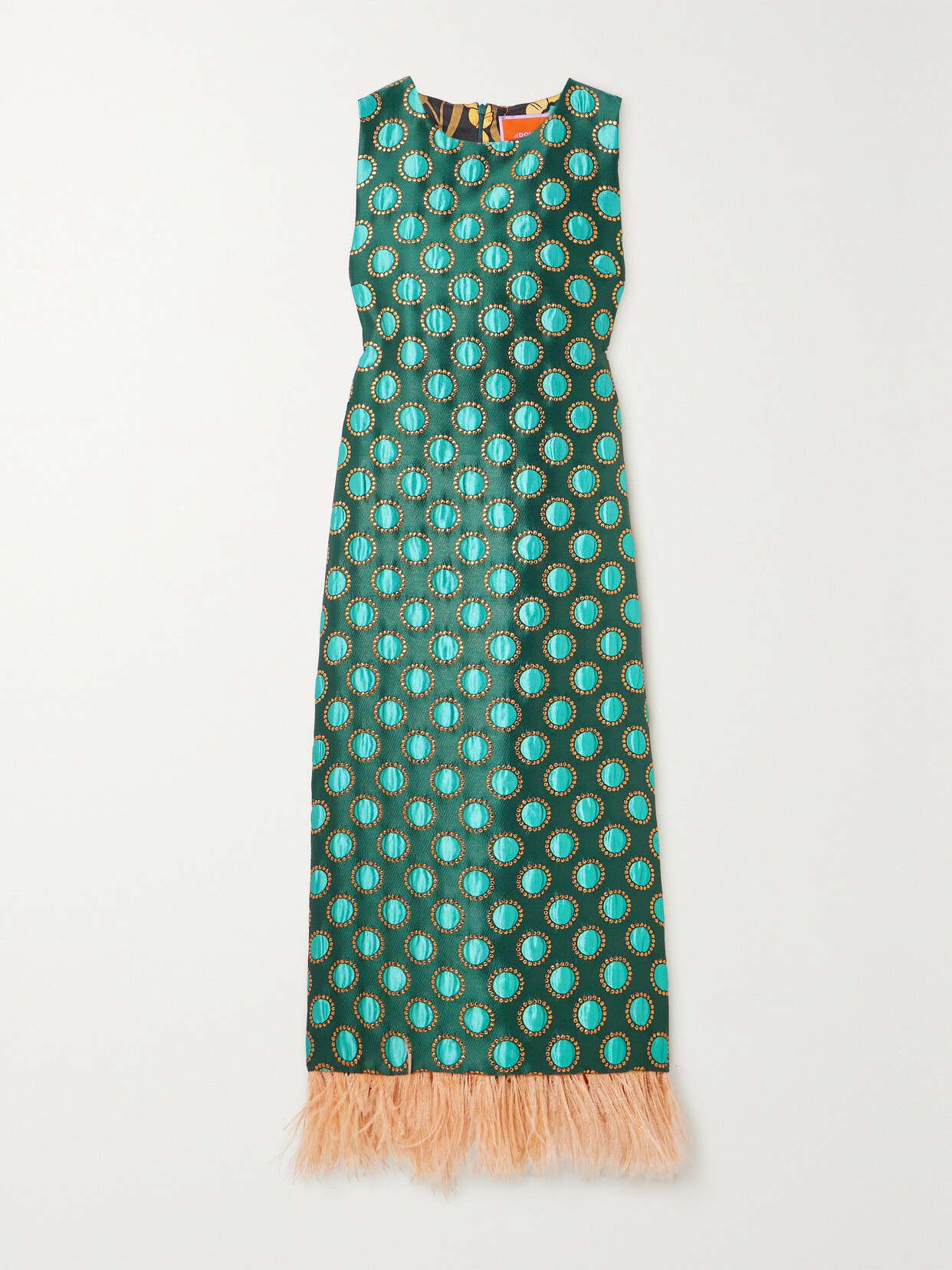 La Doublej Column Feather-trimmed Metallic Jacquard Midi Dress In Green