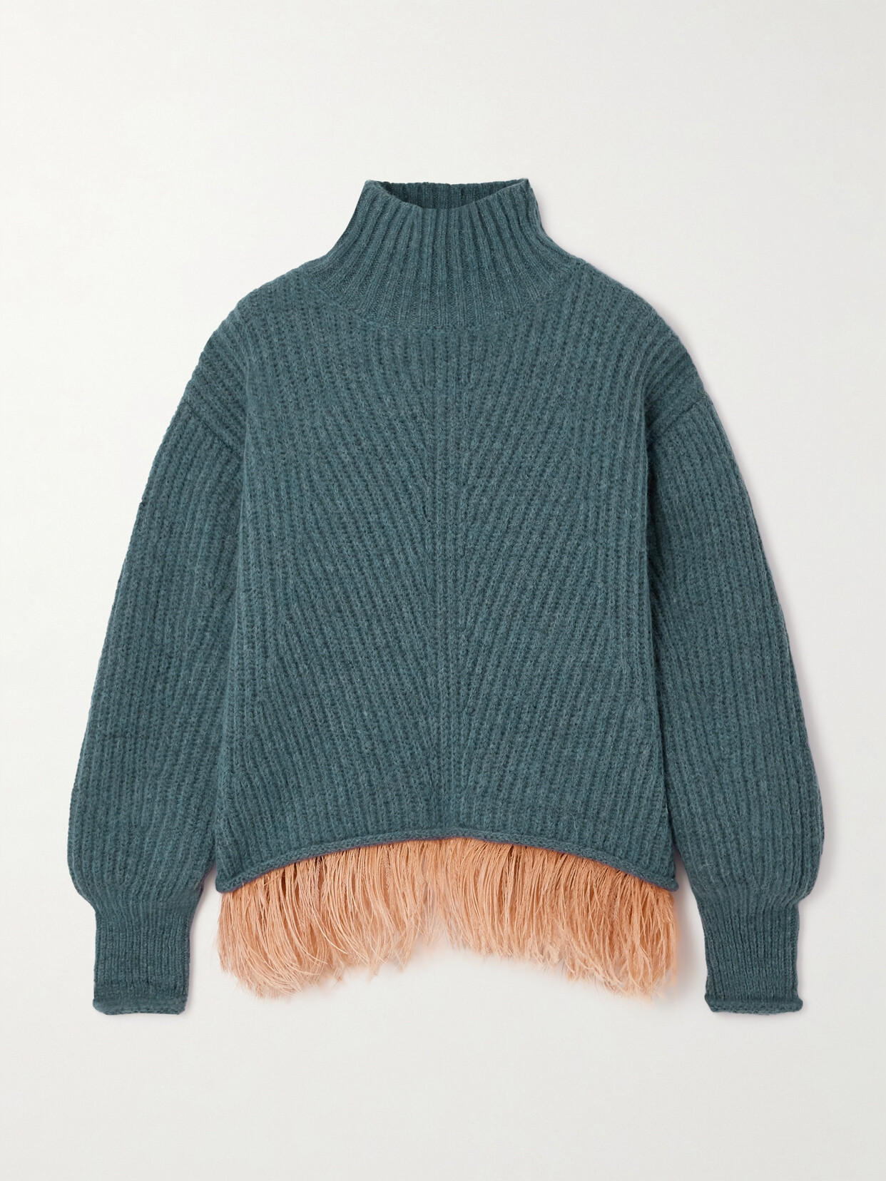 La DoubleJ - High Kick Feather-trimmed Ribbed Alpaca-blend Turtleneck Sweater - Blue