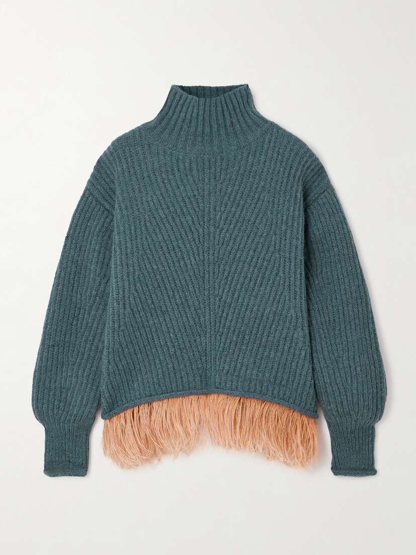 La DoubleJ High Kick Feather-trimmed Ribbed Alpaca-blend Turtleneck Sweater - xx large