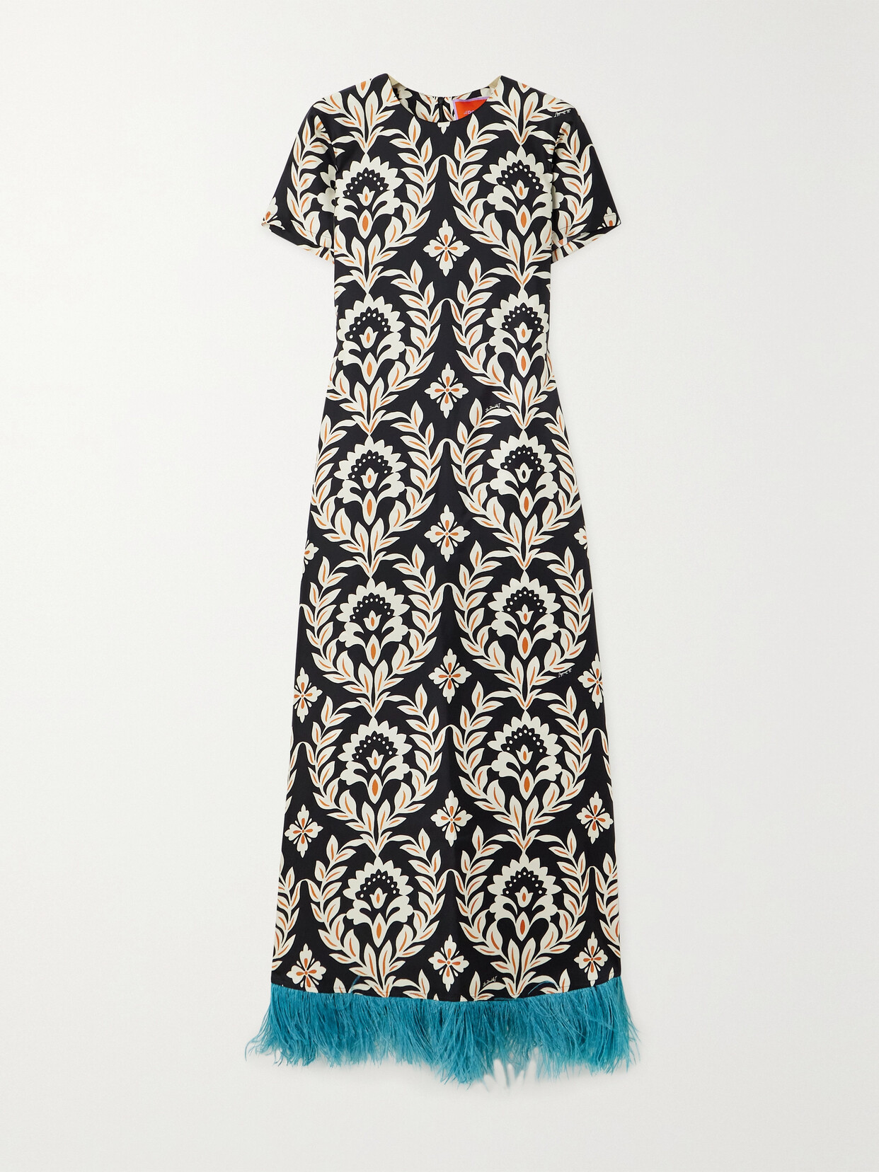 La DoubleJ - Swing Feather-trimmed Printed Silk-twill Maxi Dress - Black