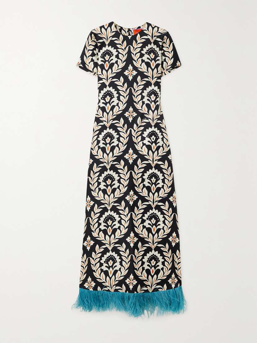 La DoubleJ Swing Feather-trimmed Printed Silk-twill Maxi Dress