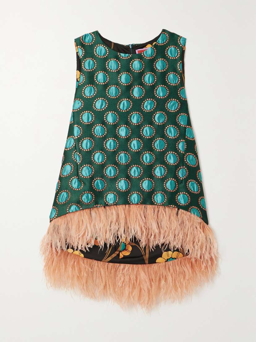 La DoubleJ La Scala Asymmetric Feather-trimmed Metallic Jacquard Top