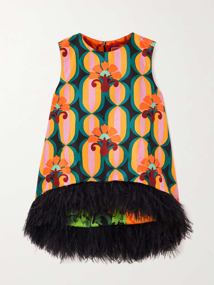 La DoubleJ La Scala Asymmetric Feather-trimmed Printed Crepe Top - xx large